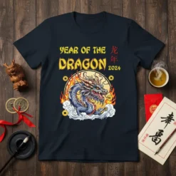 Year of the Dragon 2024 t-shirt design with a fierce blue dragon surrounded by flames and clouds. Text reads "YEAR