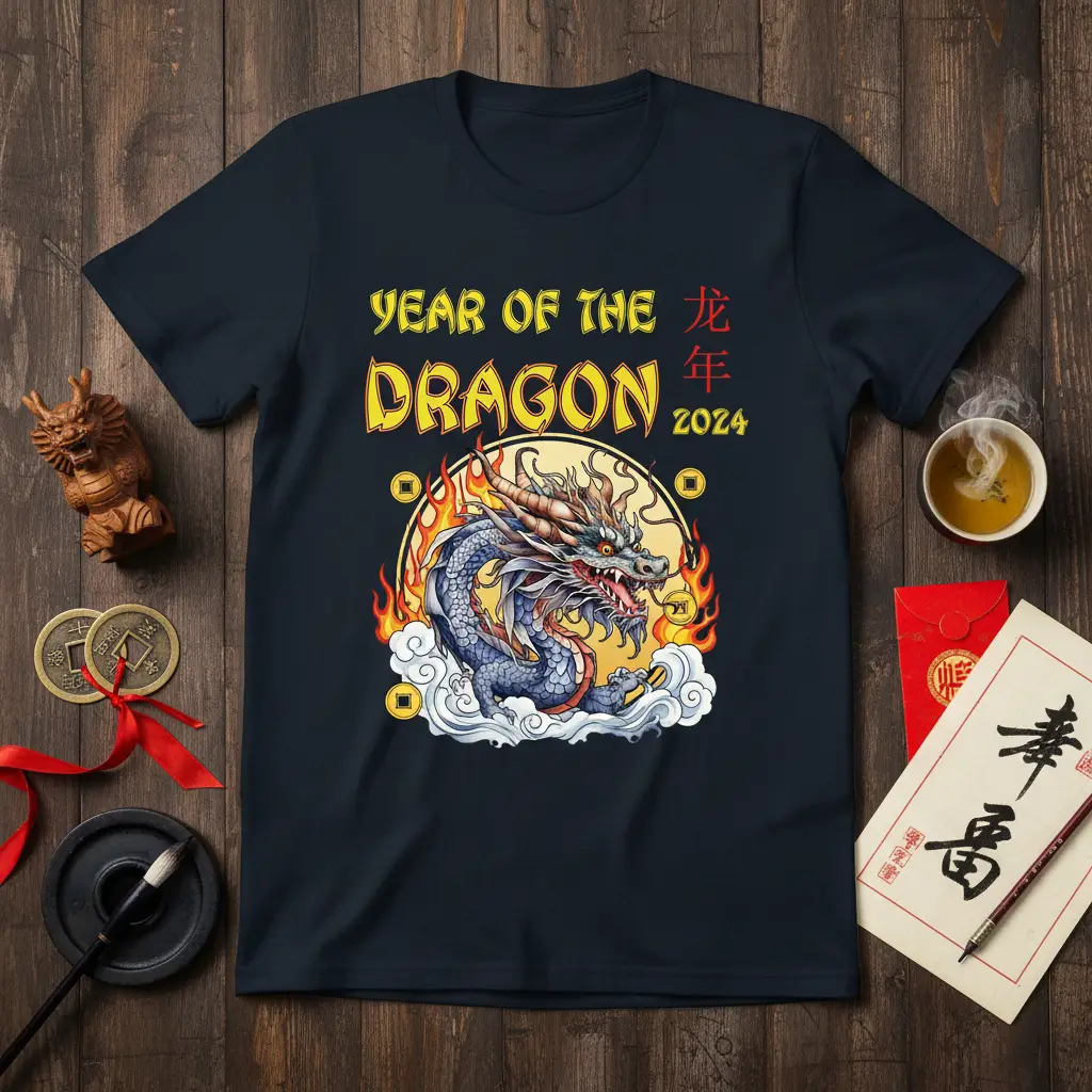 Year of the Dragon 2024 design featuring a detailed blue dragon illustration with fiery accents and traditional Chinese text