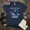 Year of the Horse 2026 t-shirt design with a blue horse and waves