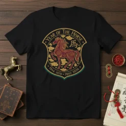 Year of the Horse Chinese Zodiac t-shirt design with a majestic horse graphic and auspicious years listed