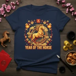 Year of the Horse Chinese Zodiac t-shirt design with a golden horse, lanterns, and cherry blossoms