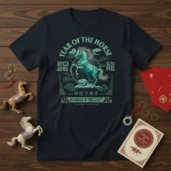 Year of the Horse Guardian of Prosperity Chinese Calendar t-shirt design with a majestic horse and traditional symbols