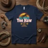 Yee Haw text with cowboy boots and horse graphic on a navy blue t-shirt, representing western style
