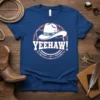 Blue t-shirt with "YEEHAW!" text and a white cowboy hat graphic, surrounded by barbed wire design