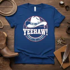 Blue t-shirt with "YEEHAW!" text and a white cowboy hat graphic, surrounded by barbed wire design