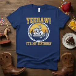 Navy t-shirt with "YEEHAW! IT'S MY BIRTHDAY" text and a cowboy riding a bucking horse graphic, set against a desert