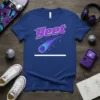 Blue t-shirt with the word "Yeet" in purple and white, and a blue and purple comet graphic shooting across