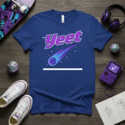 Blue t-shirt with the word "Yeet" in purple and white, and a blue and purple comet graphic shooting across