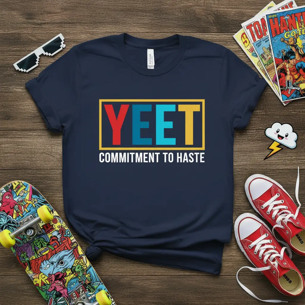 YEET COMMITMENT TO HASTE text design in colorful block letters with a yellow border on a navy blue tee