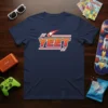 YEET meme text with a comet graphic on a navy blue t-shirt, designed for casual wear