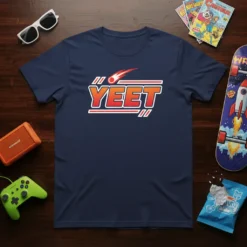 YEET meme text with a comet graphic on a navy blue t-shirt, designed for casual wear