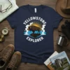 Yellowstone Explorer t-shirt design with a bison on a rock, sunburst, and waterfalls