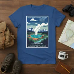 Yellowstone National Park Ranger Naturalist Service T-Shirt with vintage park poster design featuring a geyser and mountains