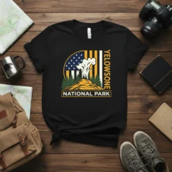 Yellowstone National Park graphic tee with vintage American flag design and erupting geyser illustration