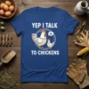 Yep I Talk To Chickens t-shirt design with two cartoon chickens and a speech bubble graphic