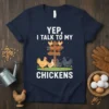 Yep, I Talk To My Chickens t-shirt design featuring a signpost with multiple chickens and playful typography