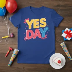 Blue t-shirt with bold yellow, pink, and blue "YES DAY" text and colorful splash graphics