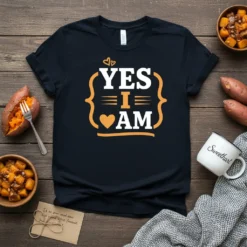 Black t-shirt with "YES I AM" text in white and orange, featuring decorative brackets and a heart symbol