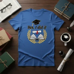 Yes, I did it graduation t-shirt design featuring a mortarboard, diploma, and laurel wreath graphic