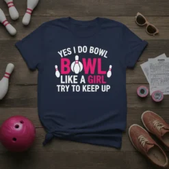 Yes I Do Bowl Like A Girl Try To Keep Up text design with bowling pins and ball graphic on