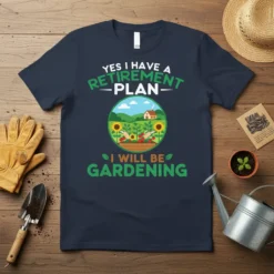 Yes I Have A Retirement Plan I Will Be Gardening text with circular graphic of garden scene, sunflowers, and house