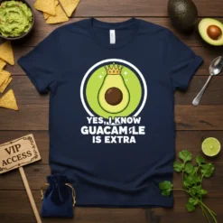 Navy t-shirt with "YES, I KNOW GUACAMOLE IS EXTRA" text and a crowned avocado graphic