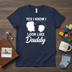 Yes I Know I Look Like Daddy text with silhouette of father and child on a navy blue t-shirt