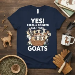 Navy t-shirt with "YES! I REALLY DO NEED ALL THESE GOATS" text and a basket full of cartoon goats