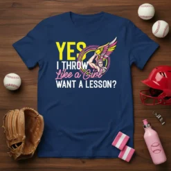 Softball t-shirt with the quote "YES I THROW Like a Girl WANT A LESSON?" featuring a winged female athlete graphic