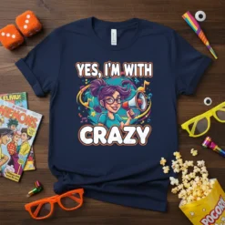 Navy blue t-shirt with "YES, I'M WITH CRAZY" text and cartoon girl holding megaphone