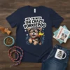 T-shirt design with text YES, I'M WITH THE CRAZY YORKIEPOO and a cartoon Yorkiepoo dog wearing a yellow cape