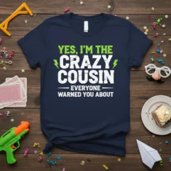 Yes, I'm The Crazy Cousin Everyone Warned You About t-shirt design with bold white and green text