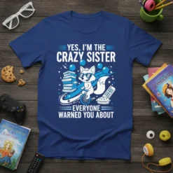 Yes, I'm the Crazy Sister Everyone Warned You About text with a cartoon fox riding a unicycle, stacked books, and