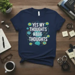 Navy blue t-shirt with the quote "Yes My Thoughts Have Thoughts" surrounded by brain graphics and speech bubbles