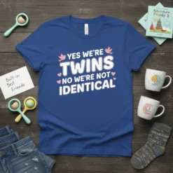 Yes We're Twins No We're Not Identical quote on a blue t-shirt, featuring pink birds and hearts