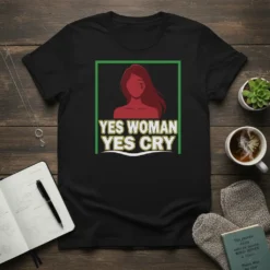 Yes Woman Yes Cry text with graphic of a woman crying, on a black t-shirt