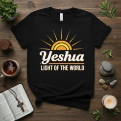 Yeshua Light of the World t-shirt design with a sun graphic and bold text