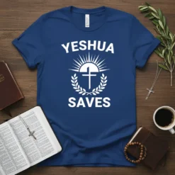 YESHUA SAVES T-Shirt with Christian cross, sunburst, and laurel wreath graphic