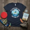 Yeti Or Not Here I Come! Kids Camp 2022 t-shirt featuring a cartoon Yeti jumping with a frisbee and thumbs