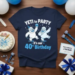 YETI to PARTY It's our 40th Birthday text with two cartoon yetis celebrating, on a navy blue t-shirt