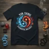 Yin Yang Elemental Balance t-shirt with fire and ice design, circular graphic, white text