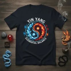 Yin Yang Elemental Balance t-shirt with fire and ice design, circular graphic, white text