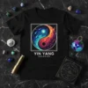 Yin Yang Galaxies t-shirt design featuring a cosmic representation of the symbol in vibrant blues and fiery oranges
