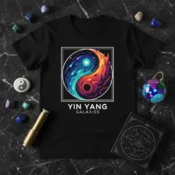 Yin Yang Galaxies t-shirt design featuring a cosmic representation of the symbol in vibrant blues and fiery oranges