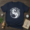 Yin Yang Tree of Life t-shirt design featuring celestial elements, a meditating figure, and a flourishing tree within a circular