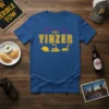 Blue t-shirt with "YINZER" text in yellow, bridge graphic, and icons for a helmet, ship, and factory