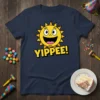 YIPPEE! text with a happy cartoon sun graphic on a navy blue t-shirt for celebrations
