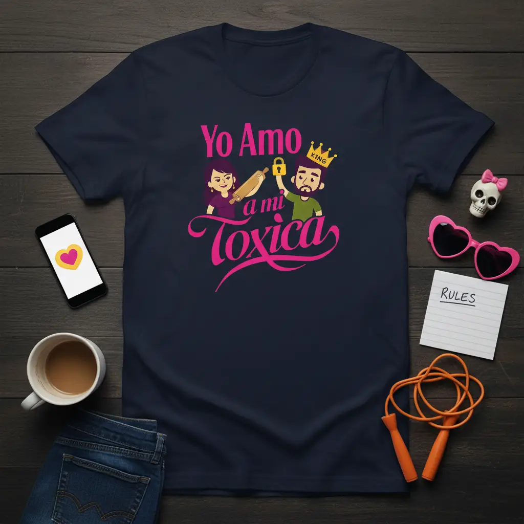 Yo Amo a mi Toxica Spanish love quote design with cartoon couple and pink lettering on navy tee