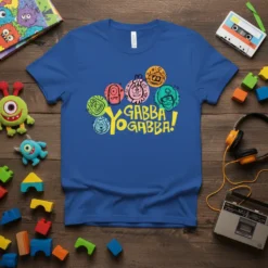 Blue t-shirt featuring colorful cartoon characters and the "YO GABBA GABBA!" logo