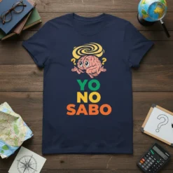 T-shirt with "Yo No Sabo" text and a cartoon brain graphic, featuring question marks and a swirling yellow design above